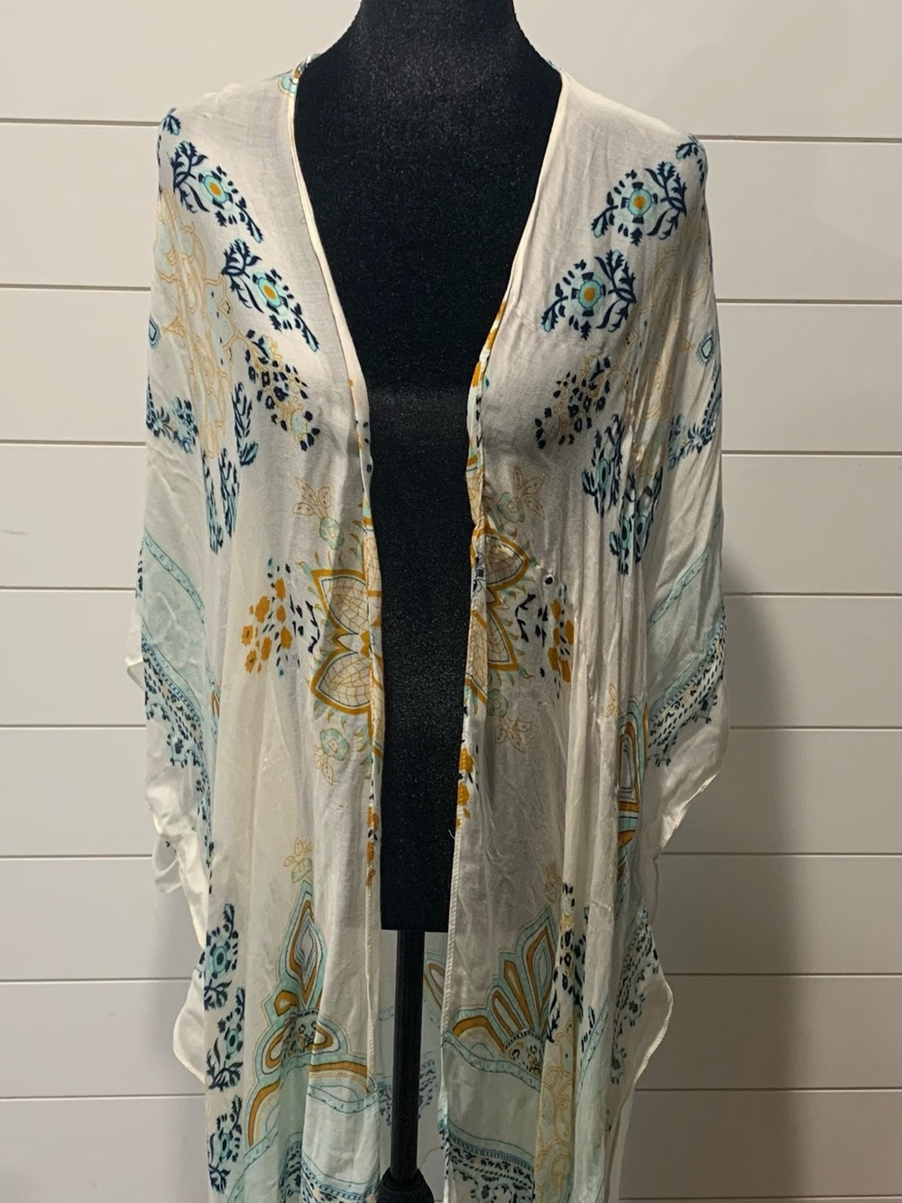 Woven Heart White Floral Kimono Cover-Up with Teal and Mustard Accents